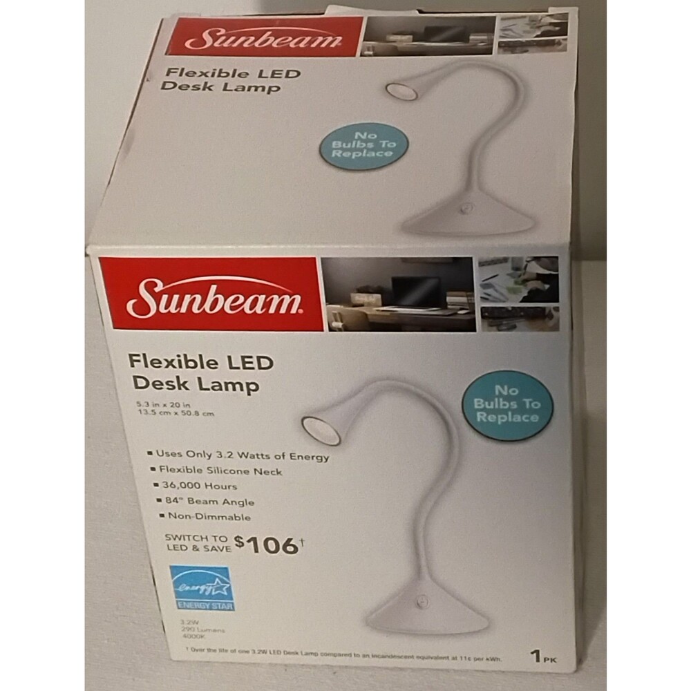 SUNBEAM Flexible LED Desk Lamp Light No Bulb to Replace White On/Off Switch NEW